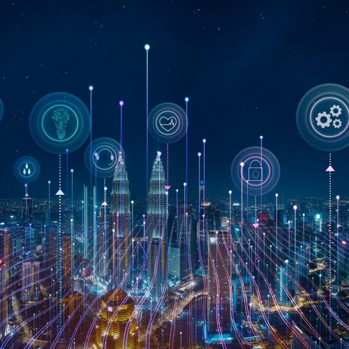 Panorama aerial view in the cityscape skyline with smart services and icons, internet of things, networks and augmented reality concept , night scene .