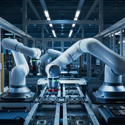 Manufacturing Automation. Advanced High Precision Robot Arms on Automated PCB Assembly Line Inside Modern Electronics Factory. Electronic Devices Production Industry. Component Installation Process.